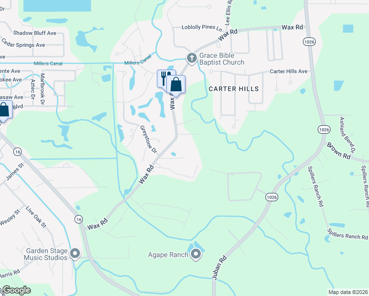 map of restaurants, bars, coffee shops, grocery stores, and more near 25534 Wax Road in Denham Springs