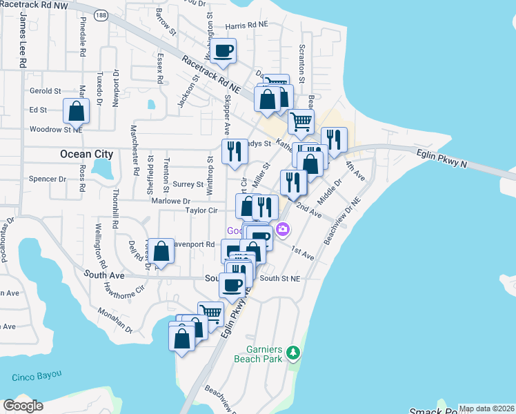 map of restaurants, bars, coffee shops, grocery stores, and more near 432 Eglin Parkway Northeast in Fort Walton Beach