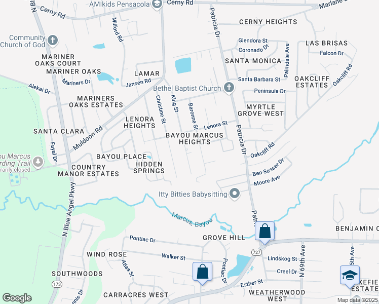 map of restaurants, bars, coffee shops, grocery stores, and more near 2960 King Street in Pensacola