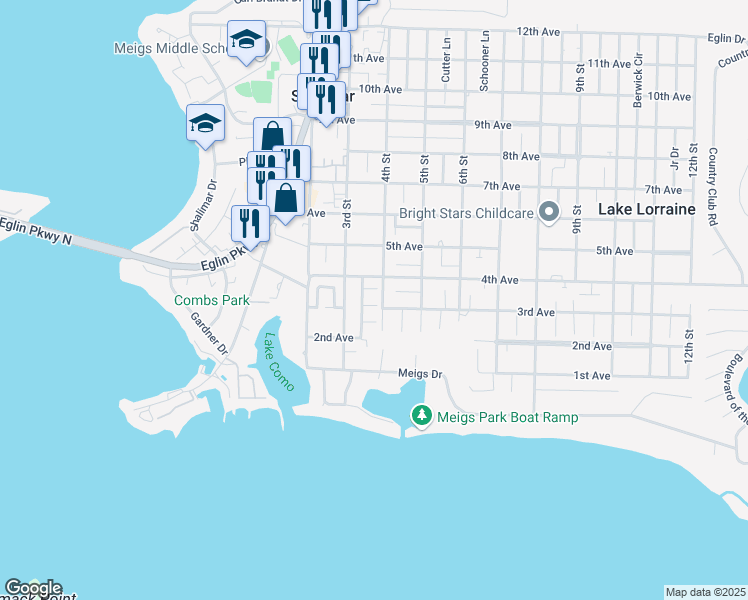 map of restaurants, bars, coffee shops, grocery stores, and more near 2807 Red Plum Court in Shalimar