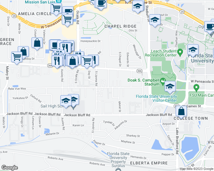 map of restaurants, bars, coffee shops, grocery stores, and more near 1862 Belle Vue Way in Tallahassee