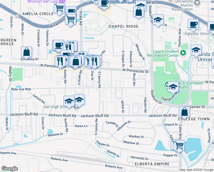 map of restaurants, bars, coffee shops, grocery stores, and more near 1862 Belle Vue Way in Tallahassee