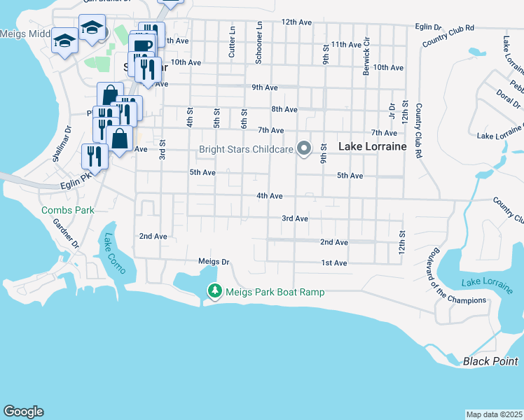 map of restaurants, bars, coffee shops, grocery stores, and more near 61 3rd Avenue in Shalimar
