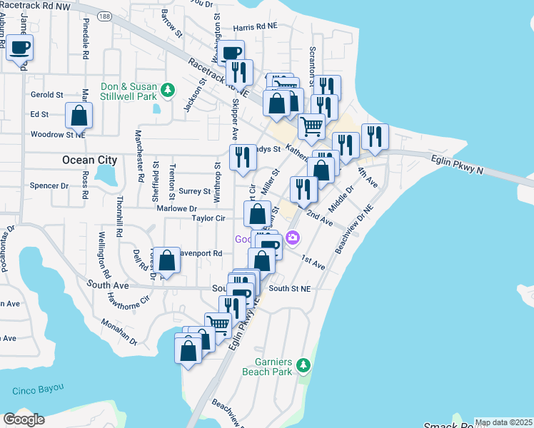 map of restaurants, bars, coffee shops, grocery stores, and more near 432 Eglin Parkway Northeast in Fort Walton Beach