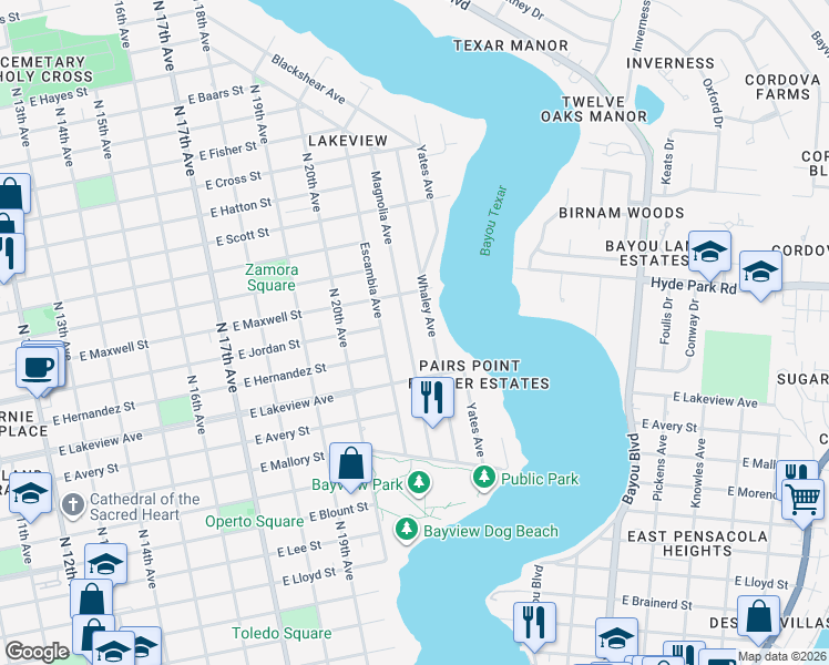 map of restaurants, bars, coffee shops, grocery stores, and more near 2011 Whaley Avenue in Pensacola