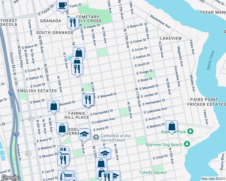 map of restaurants, bars, coffee shops, grocery stores, and more near 1500 East Maxwell Street in Pensacola