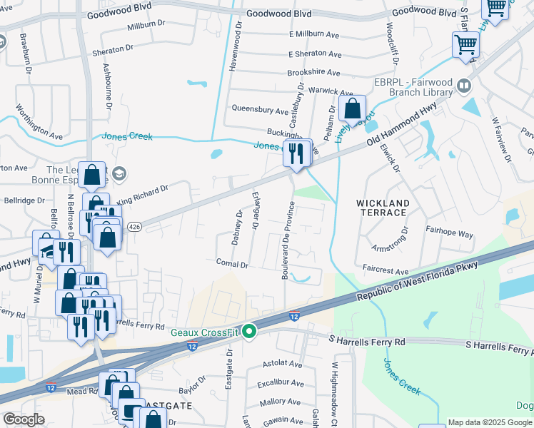 map of restaurants, bars, coffee shops, grocery stores, and more near 1889 Erlanger Drive in Baton Rouge