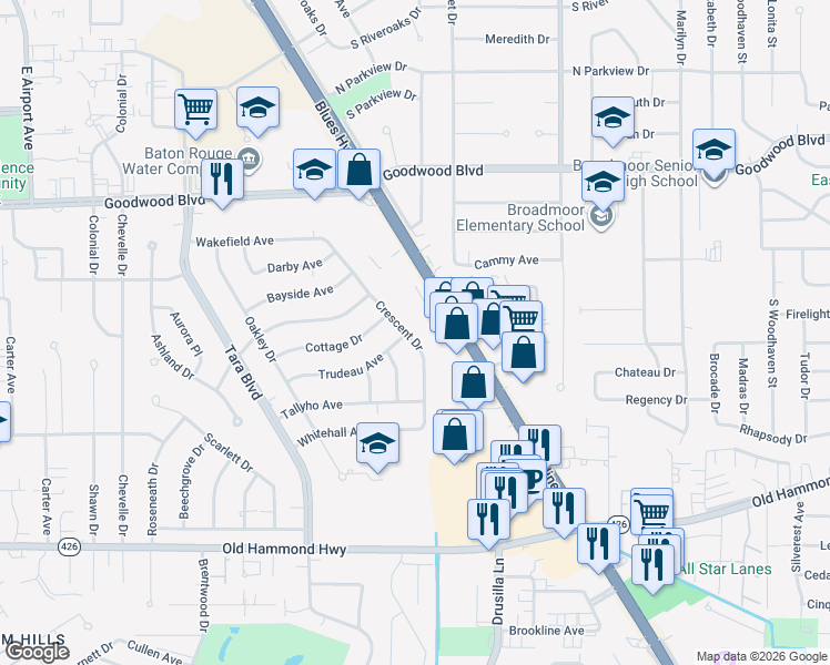 map of restaurants, bars, coffee shops, grocery stores, and more near 1344 Crescent Drive in Baton Rouge