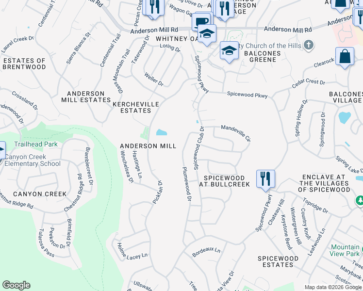 map of restaurants, bars, coffee shops, grocery stores, and more near 11003 Plumewood Drive in Austin