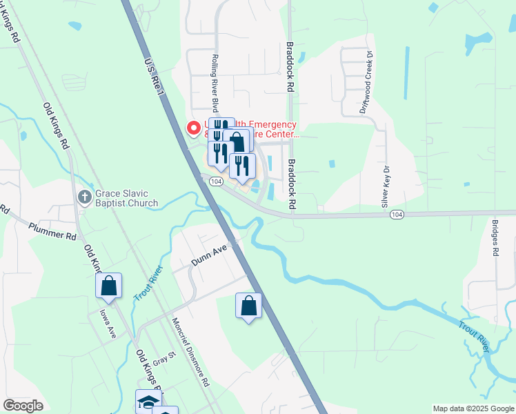 map of restaurants, bars, coffee shops, grocery stores, and more near Dunn Ave & Rolling River Blvd in Jacksonville