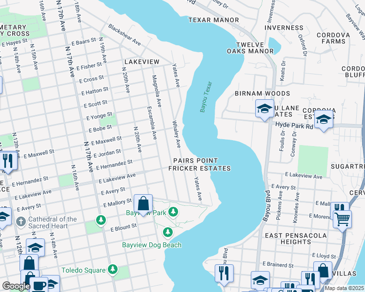 map of restaurants, bars, coffee shops, grocery stores, and more near 2011 Whaley Avenue in Pensacola
