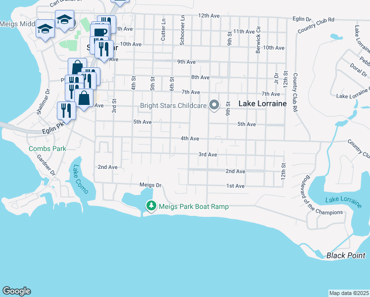 map of restaurants, bars, coffee shops, grocery stores, and more near 61 3rd Avenue in Shalimar