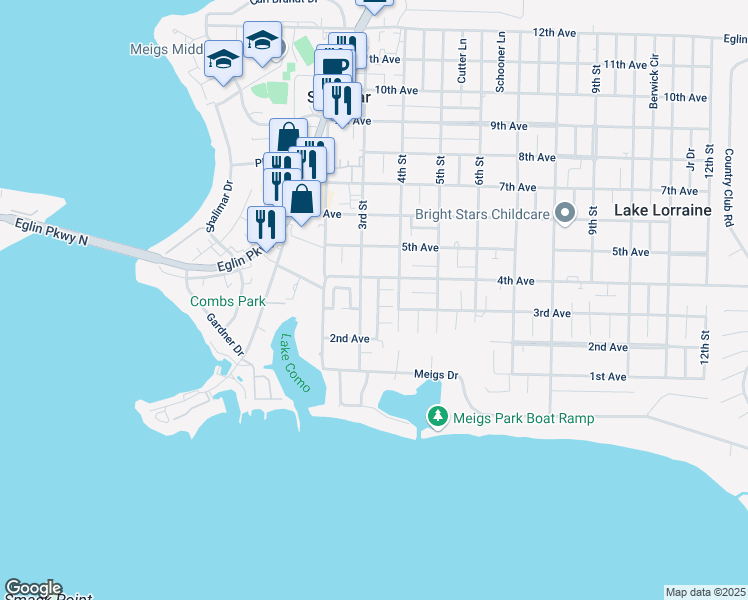 map of restaurants, bars, coffee shops, grocery stores, and more near 2807 Red Plum Court in Shalimar