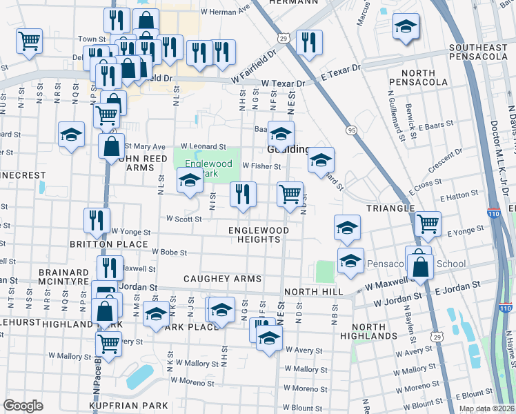 map of restaurants, bars, coffee shops, grocery stores, and more near 2510 North G Street in Pensacola