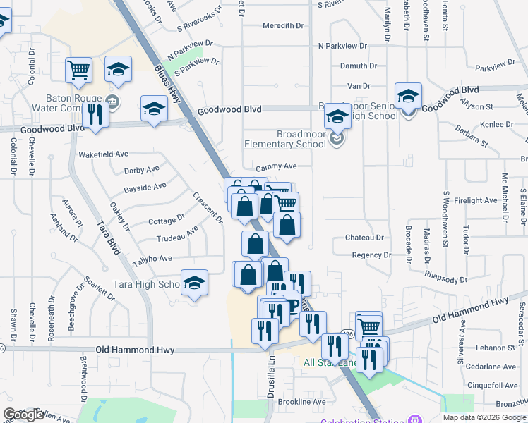 map of restaurants, bars, coffee shops, grocery stores, and more near 9489 Airline Highway in Baton Rouge