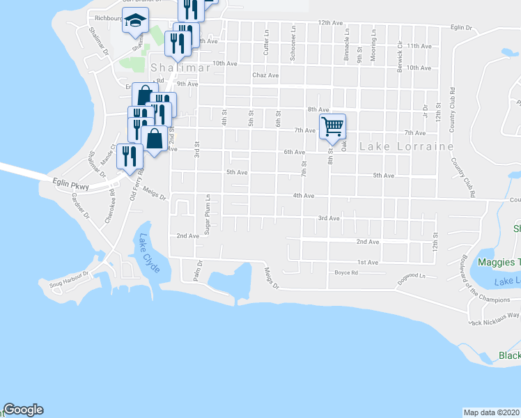 map of restaurants, bars, coffee shops, grocery stores, and more near 45 3rd Avenue in Shalimar
