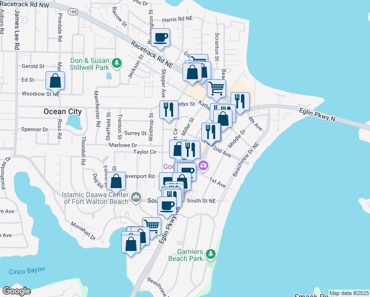 map of restaurants, bars, coffee shops, grocery stores, and more near 40 Eglin Street in Fort Walton Beach