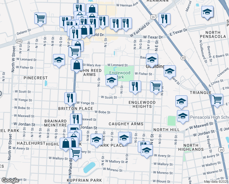 map of restaurants, bars, coffee shops, grocery stores, and more near 1403 West Saint Joseph Avenue in Pensacola
