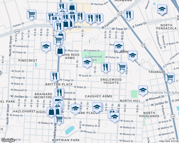 map of restaurants, bars, coffee shops, grocery stores, and more near 1403 West Saint Joseph Avenue in Pensacola