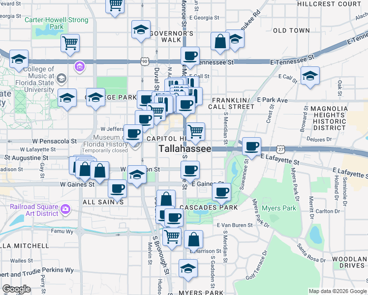 map of restaurants, bars, coffee shops, grocery stores, and more near in Tallahassee