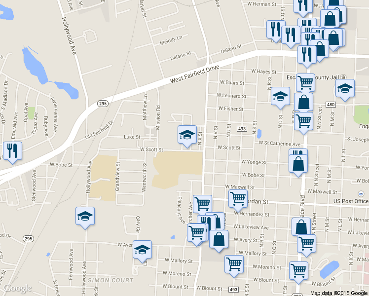 map of restaurants, bars, coffee shops, grocery stores, and more near 3020 West Scott Street in Pensacola