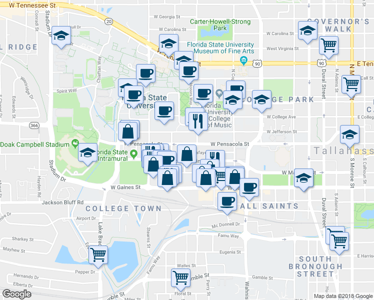 map of restaurants, bars, coffee shops, grocery stores, and more near 722 West Lafayette Street in Tallahassee