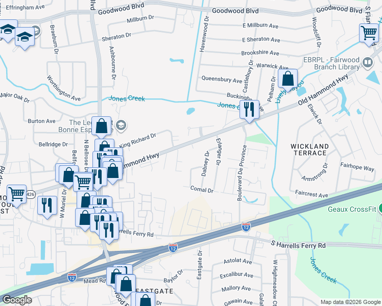 map of restaurants, bars, coffee shops, grocery stores, and more near 11936 Old Hammond Highway in Baton Rouge