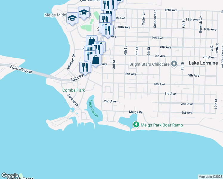map of restaurants, bars, coffee shops, grocery stores, and more near 880 Van Dyke Drive in Shalimar