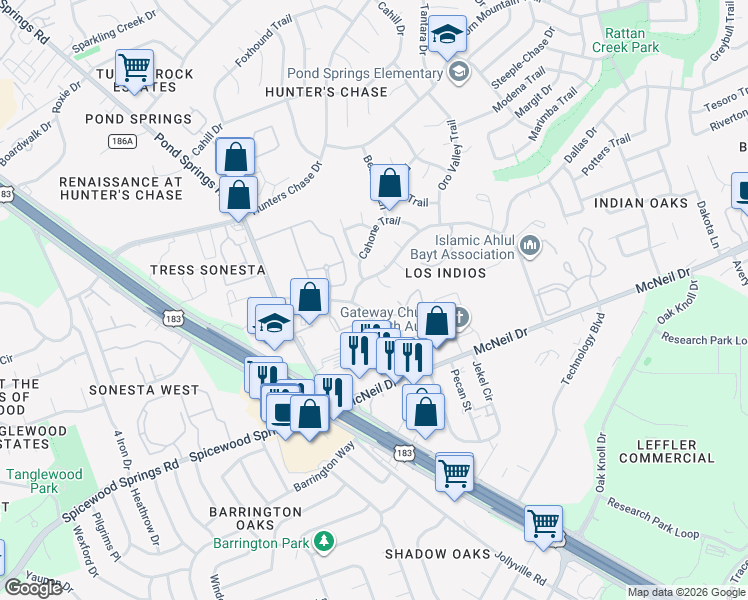 map of restaurants, bars, coffee shops, grocery stores, and more near 7905 San Felipe Boulevard in Austin