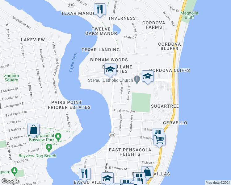 map of restaurants, bars, coffee shops, grocery stores, and more near 1750 Bayou Boulevard in Pensacola