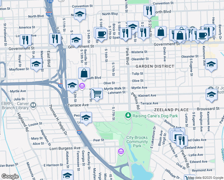 map of restaurants, bars, coffee shops, grocery stores, and more near 1621 Lehmann Street in Baton Rouge