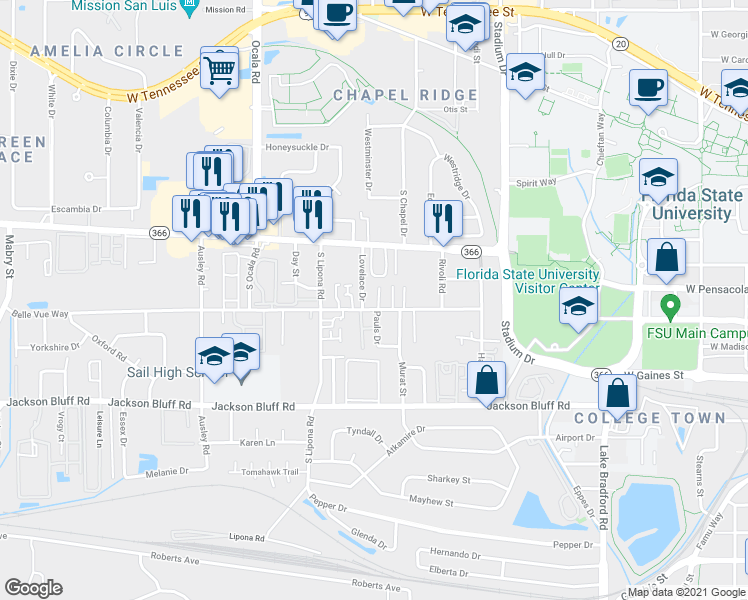 map of restaurants, bars, coffee shops, grocery stores, and more near 248 Gables Court in Tallahassee