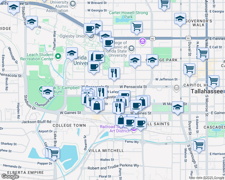 map of restaurants, bars, coffee shops, grocery stores, and more near 701 West Lafayette Street in Tallahassee