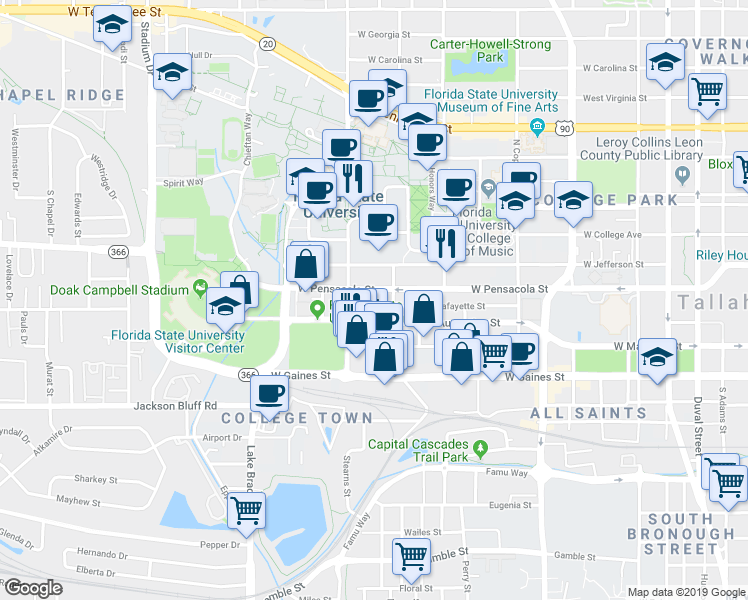map of restaurants, bars, coffee shops, grocery stores, and more near 818 Saint Augustine Street in Tallahassee