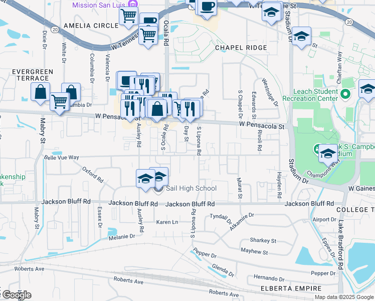 map of restaurants, bars, coffee shops, grocery stores, and more near 9 Day Street in Tallahassee