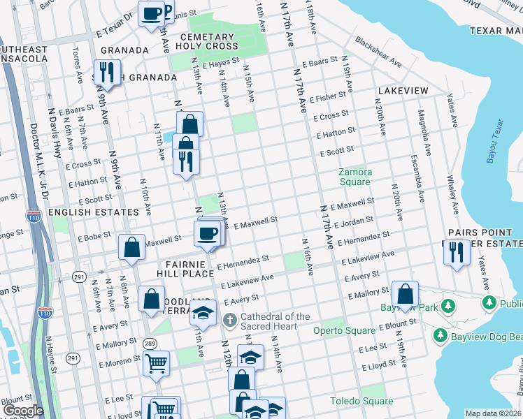 map of restaurants, bars, coffee shops, grocery stores, and more near 2208 North 14th Avenue in Pensacola