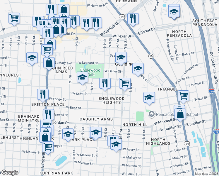 map of restaurants, bars, coffee shops, grocery stores, and more near 2510 North G Street in Pensacola