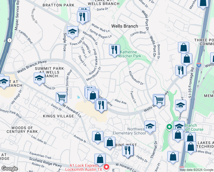 map of restaurants, bars, coffee shops, grocery stores, and more near 2137 Surrender Avenue in Austin