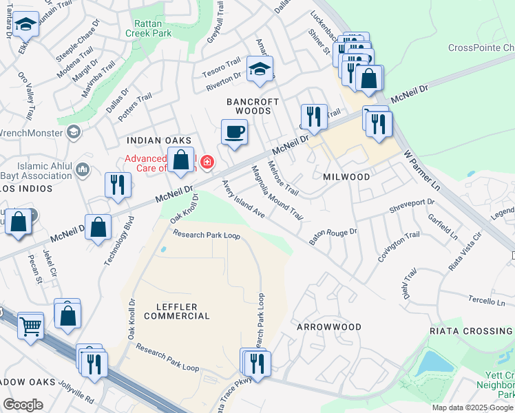 map of restaurants, bars, coffee shops, grocery stores, and more near 6313 Avery Island Avenue in Austin