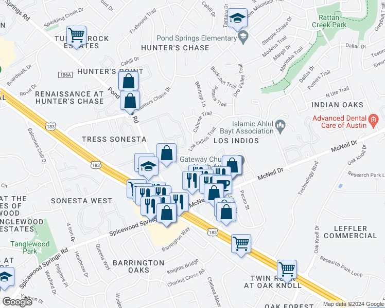 map of restaurants, bars, coffee shops, grocery stores, and more near 7905 San Felipe Boulevard in Austin
