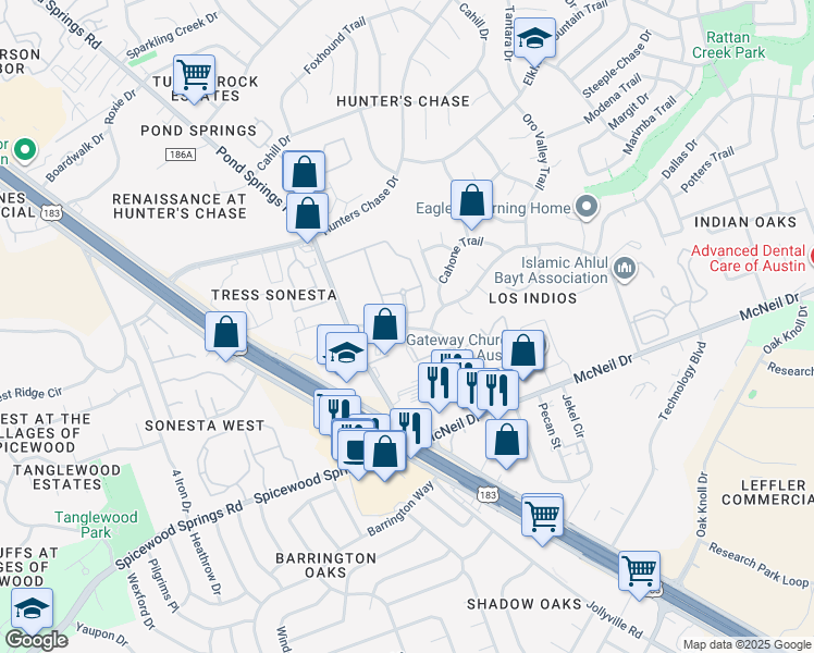 map of restaurants, bars, coffee shops, grocery stores, and more near 7912 San Felipe Boulevard in Austin