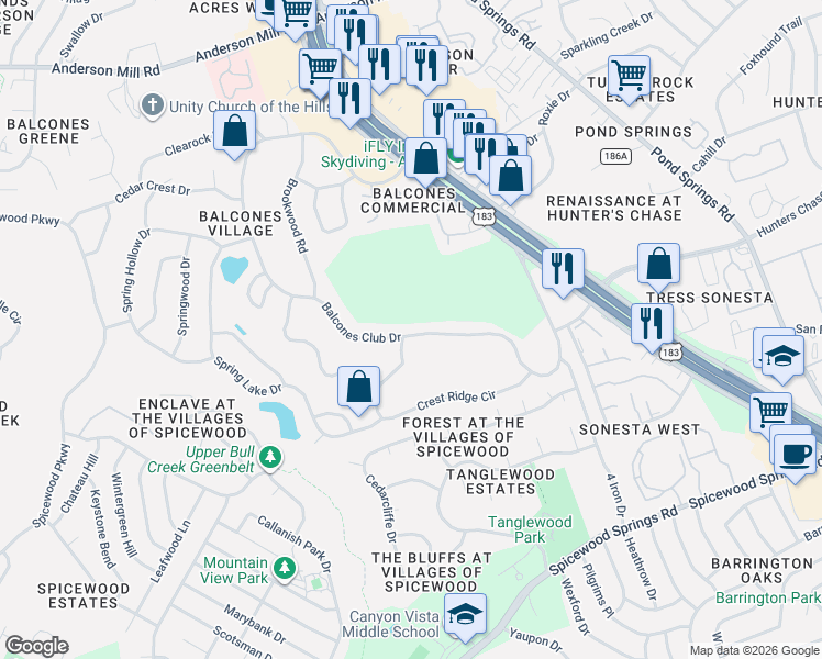 map of restaurants, bars, coffee shops, grocery stores, and more near 8805 Balcones Club Drive in Austin