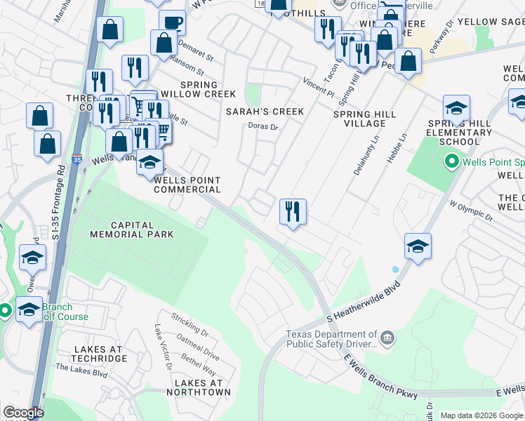 map of restaurants, bars, coffee shops, grocery stores, and more near 1013 Traci Michelle Drive in Pflugerville