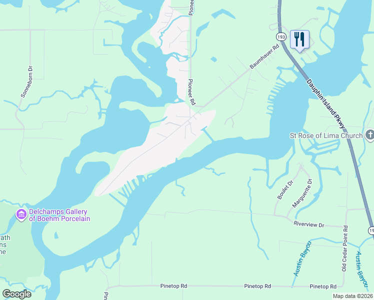 map of restaurants, bars, coffee shops, grocery stores, and more near 3621 Bebee Point Drive in Theodore