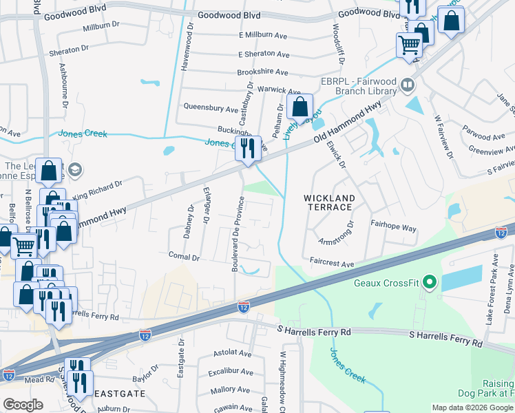 map of restaurants, bars, coffee shops, grocery stores, and more near 1777 Boulevard De Province in Baton Rouge
