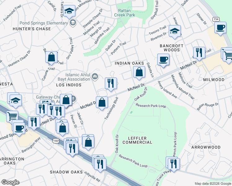 map of restaurants, bars, coffee shops, grocery stores, and more near 6800 McNeil Drive in Austin