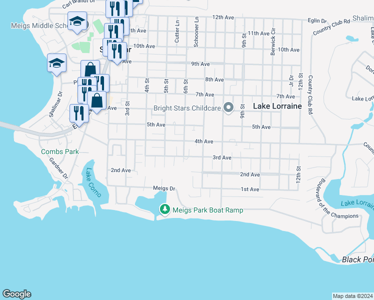 map of restaurants, bars, coffee shops, grocery stores, and more near 856 Radford Court in Shalimar
