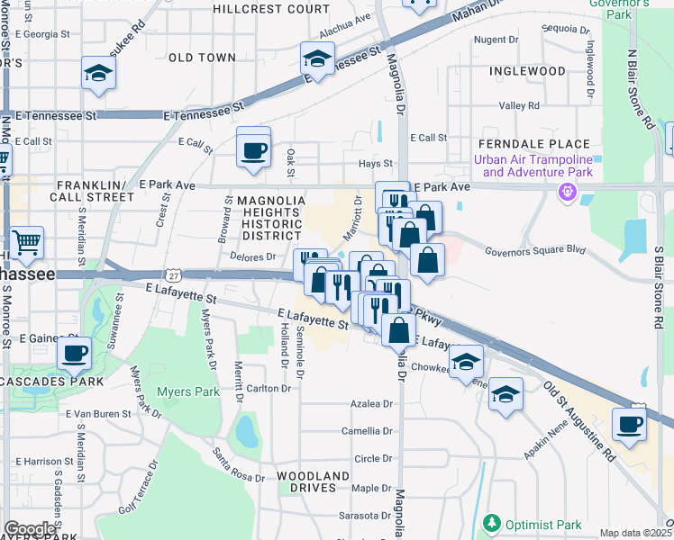 map of restaurants, bars, coffee shops, grocery stores, and more near 329 Marriott Drive in Tallahassee