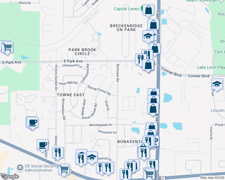 map of restaurants, bars, coffee shops, grocery stores, and more near 2790 Spring Forest Road in Tallahassee