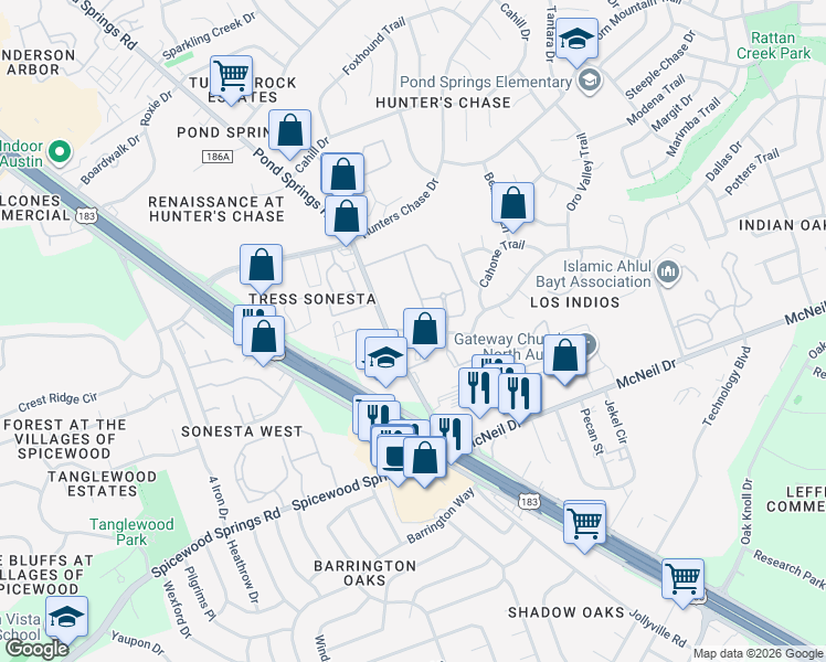 map of restaurants, bars, coffee shops, grocery stores, and more near San Felipe Boulevard in Austin